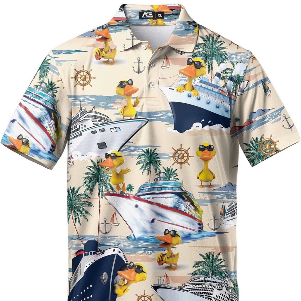 Beige Tropical Cruise Rubber Duck Print Funny Golf Polo Shirt - Men